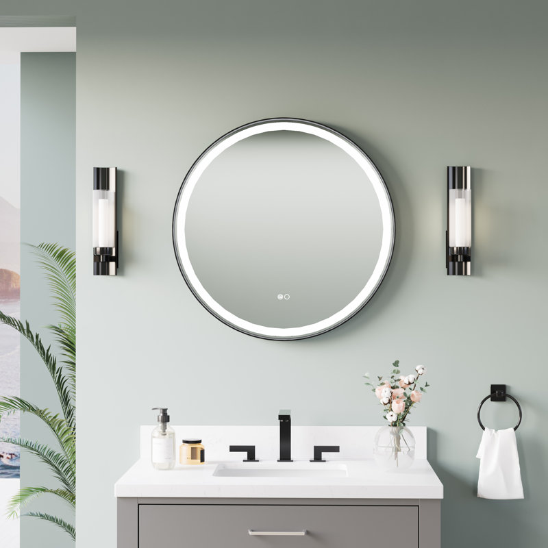 Lainy  Wall Mounted Bathroom Framed LED Mirror With Memory Function, Matte Black, 28" x 28"
