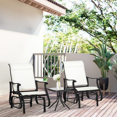 Bistro à 3 planeurs avec structure en acier blanc crème, plateau en verre trempé pour patio, cour arrière, jardin coulissant lisse et calme, pelouse, expérience de mouvement dans la cour