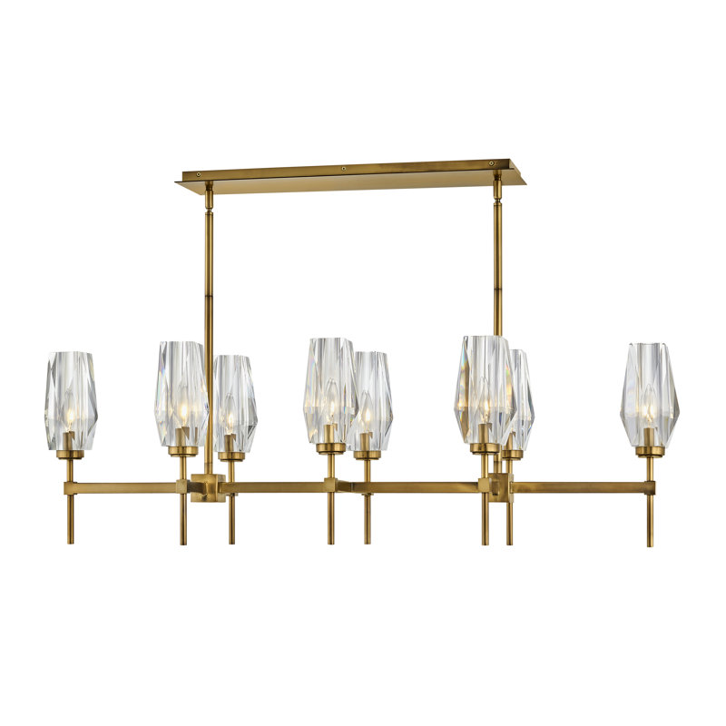 Ana 8-Light Linear Chandelier w/ Faceted Heavy-Cut Diamond-Shaped Crystal Shades - Heritage Brass