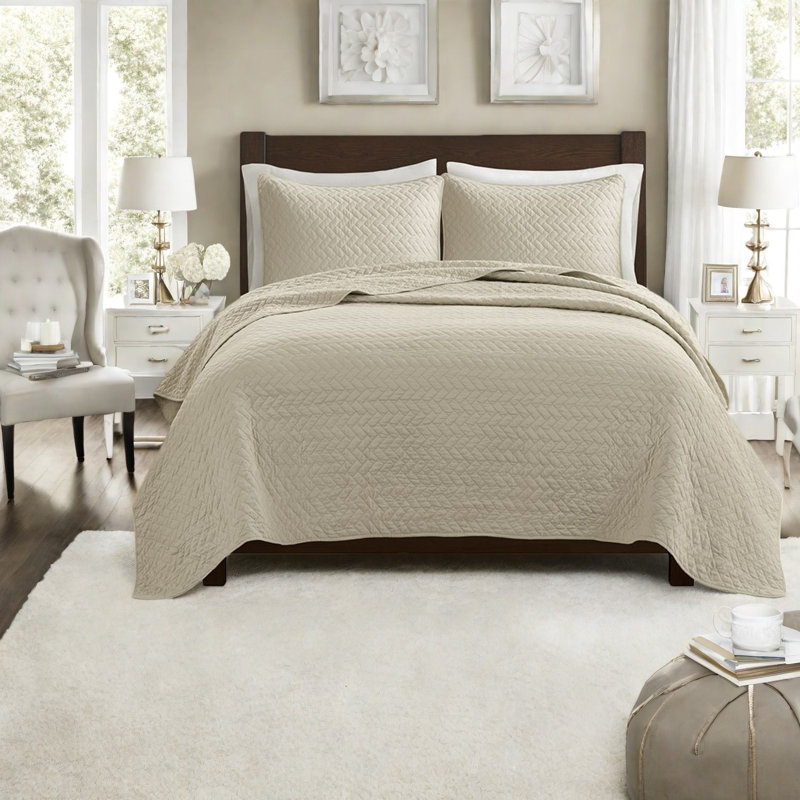 Oversized Queen Bedding Sets, Cotton Filled Herringbone Quilt For Home