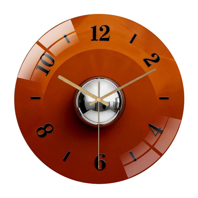 Horloge murale 12 po ronde en verre trempé avec mouvement à quartz silencieux, Orange - argent