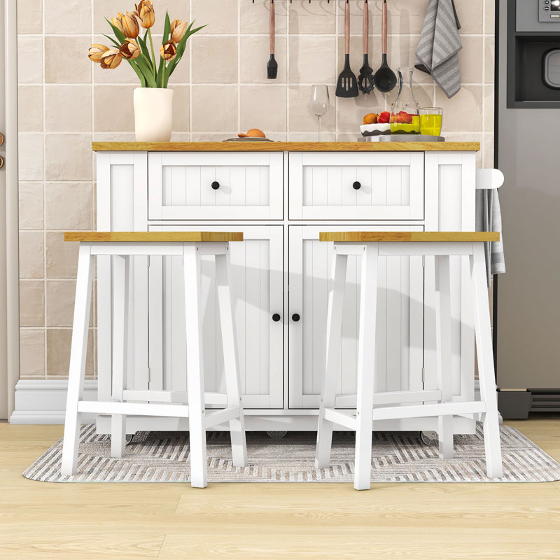 48inch Kitchen Island with 2 Bar Stools, Storage Rack and Drawers, White