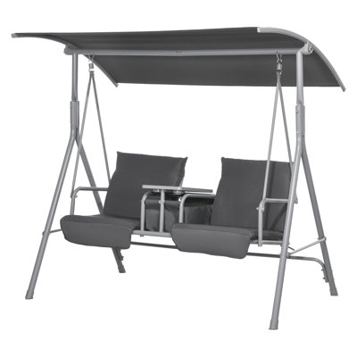 Balancelle de porche Outsunny pour 2 personnes avec support, auvent, table de rangement et porte-gobelets, coussins en polyester gris pour terrasse et jardin