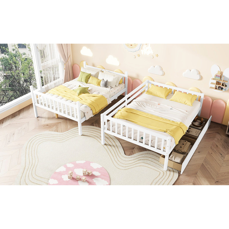 Lit superposé double en bois d'hévéa avec 2 tiroirs - blanc, conception convertible, inclus blanc fabriqué en bois détachable, garde-corps