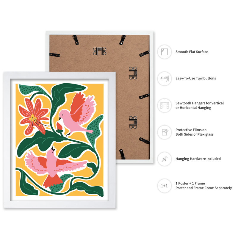 Flowers & Birds, Poster, 12"H x 16"W, White Framed