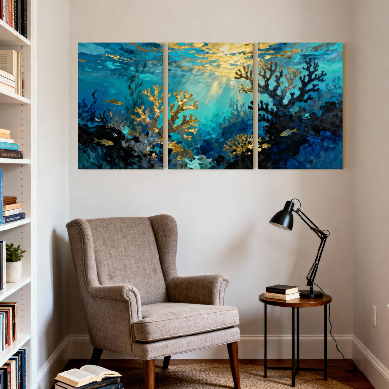 Abstrait corail sous-marin abstrait avec décorations dorées, ensemble de 3 impressions sur toile, H 30 po x l 60 po