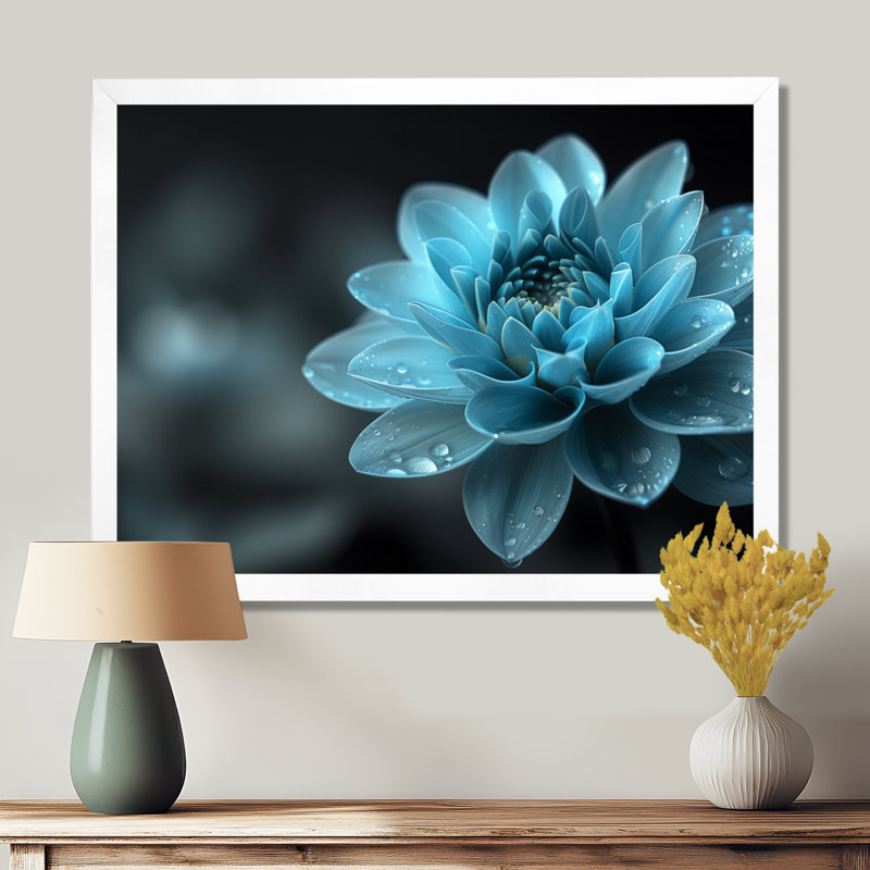 Monochromes bleu, noir, dahlia beauté - Dahlia, art mural, Cadre flottant blanc, H 12 po x l 20 po
