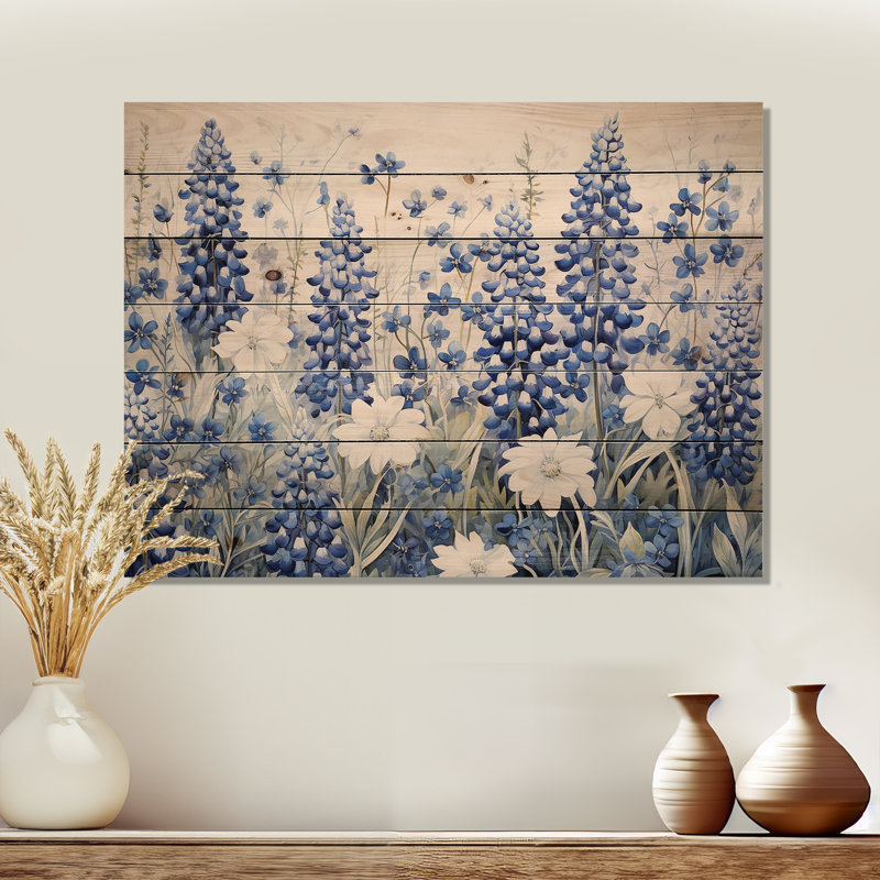 Blue Bonnets Tranquility I - Blue Bonnets, art mural sur bois de pin naturel, 10" H x 20" W