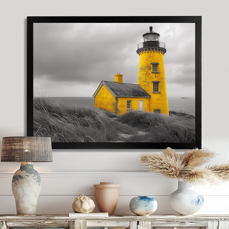 Photo de phare monochrome jaune au Canada II - phares, art mural, Cadre flottant brun, H 16 po x l 32 po