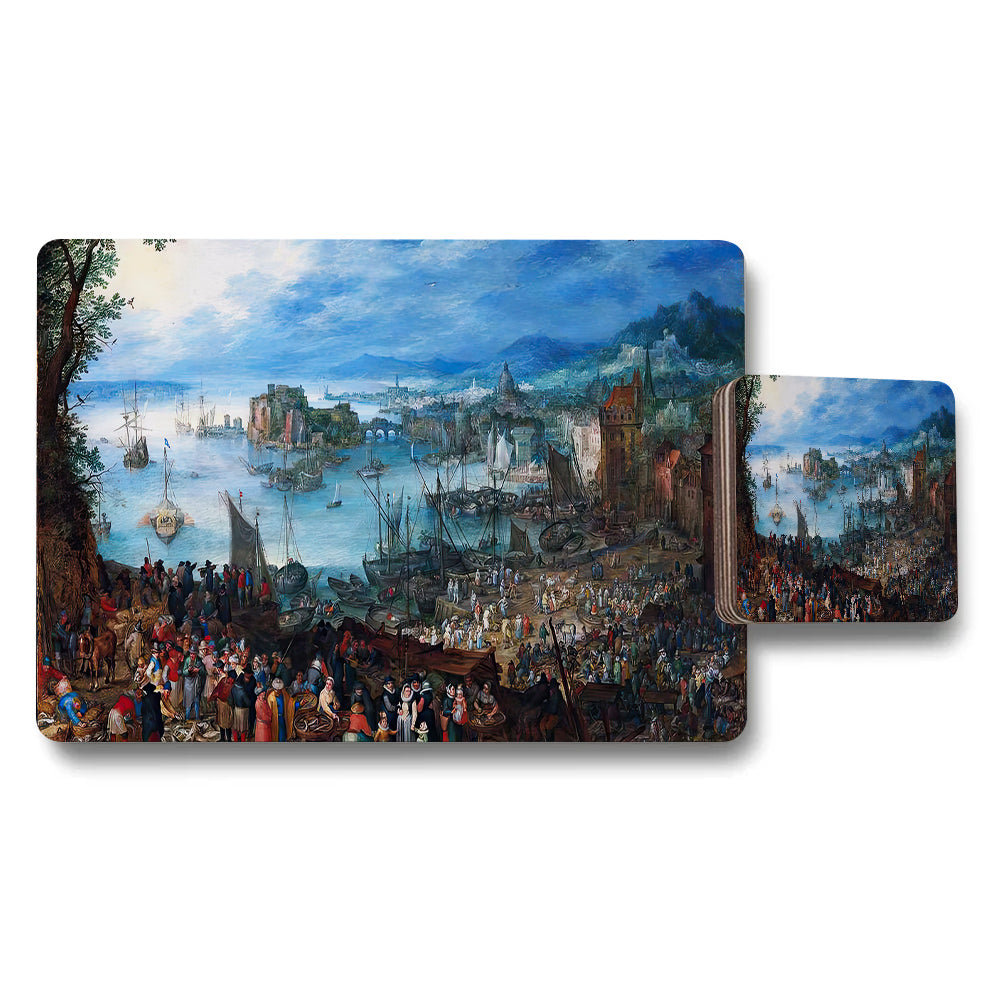 Harbor Scene Placemats and Coasters Set with Historic Seascape Artwork