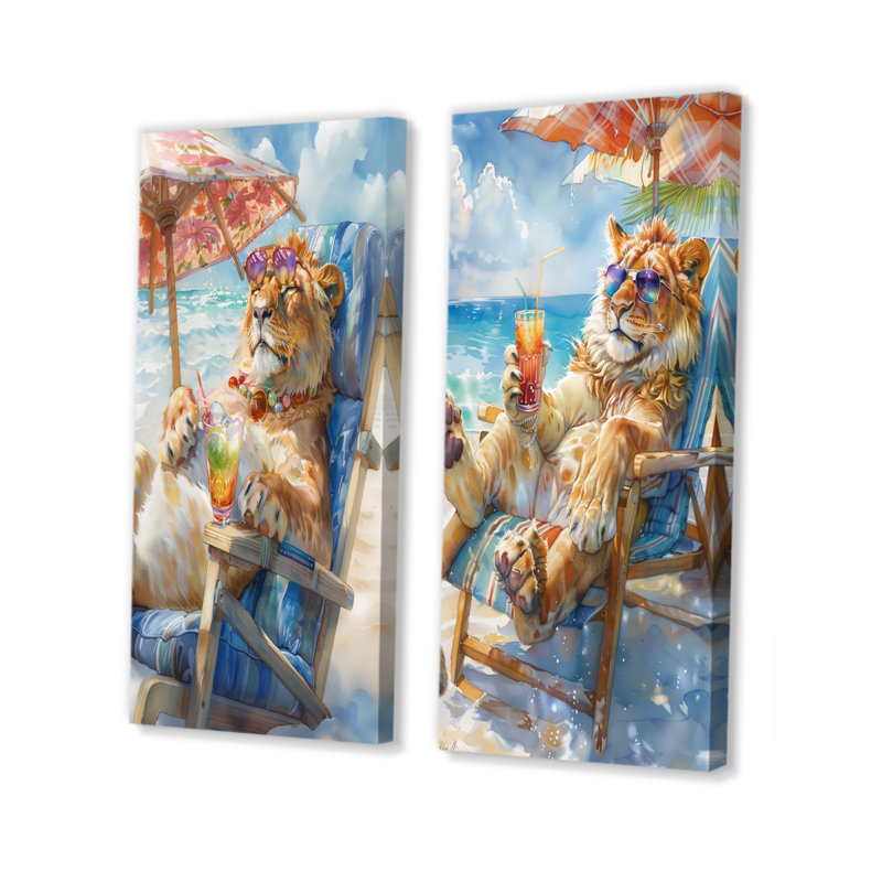 Lion se détendant sur la plage I - ensemble d'art mural animaux côtiers 2 pièces, H 32 po x l 32 po, Toile tendue sur cadre