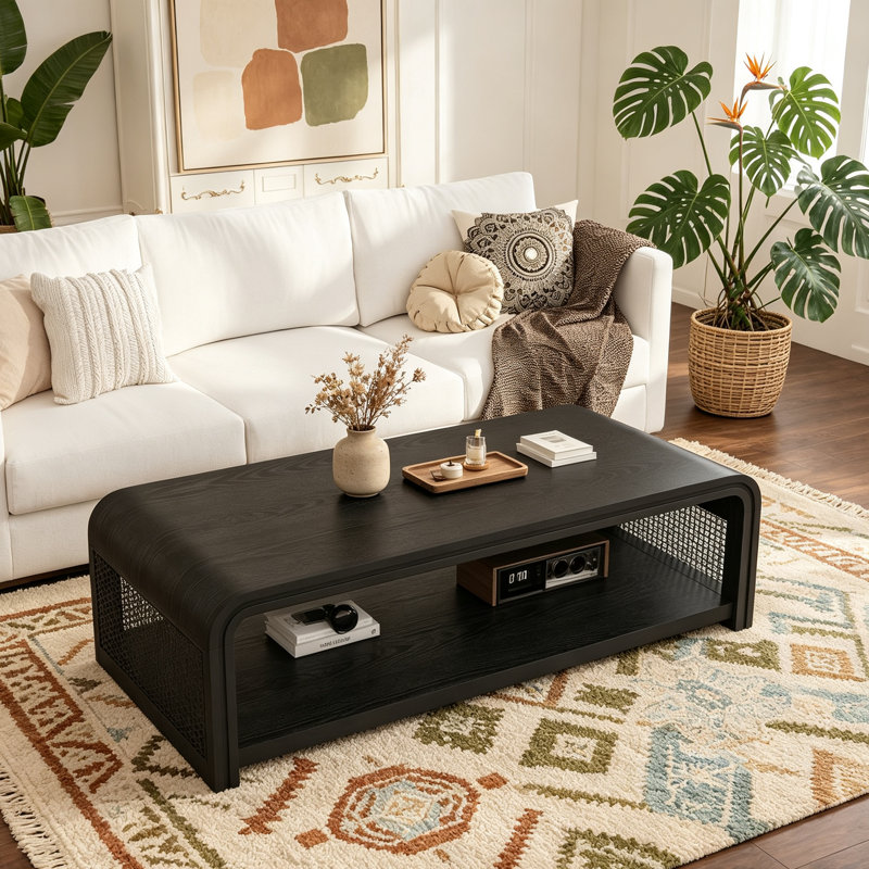 Table basse rectangulaire incurvée en rotin, table centrale de rangement à 2 niveaux en bois, table basse bohème de style ferme pour salon, appartement, décoration intérieure, noir