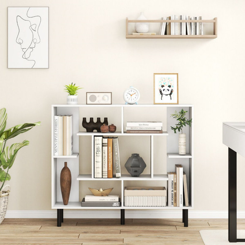 Open Bookshelf Modern Geometric Bookcase, White