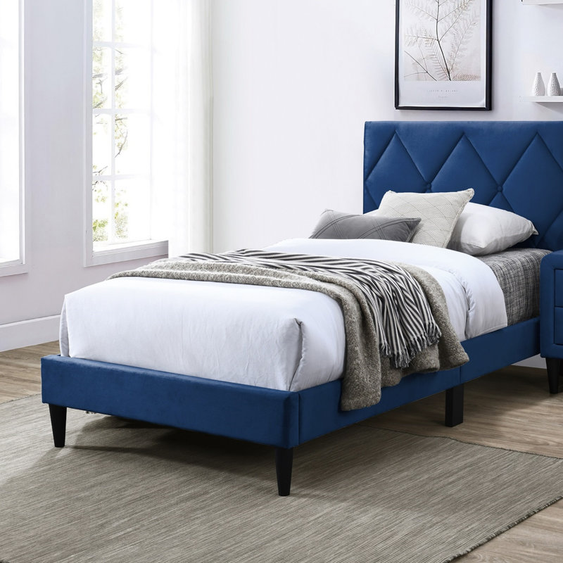 Lit simple avec tête de lit réglable 1pc, mobilier de chambre en velours clair pour les jeunes, Simple, Bleu marine