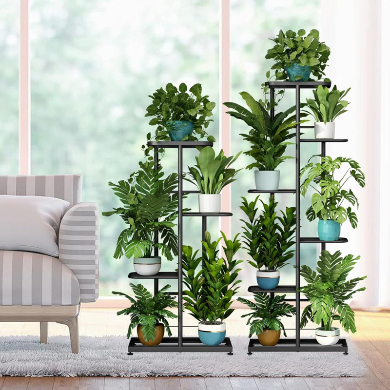 Support pour plante d'intérieur et d'extérieur en métal à 6 niveaux et 7 pots de fleurs multiples, Gris