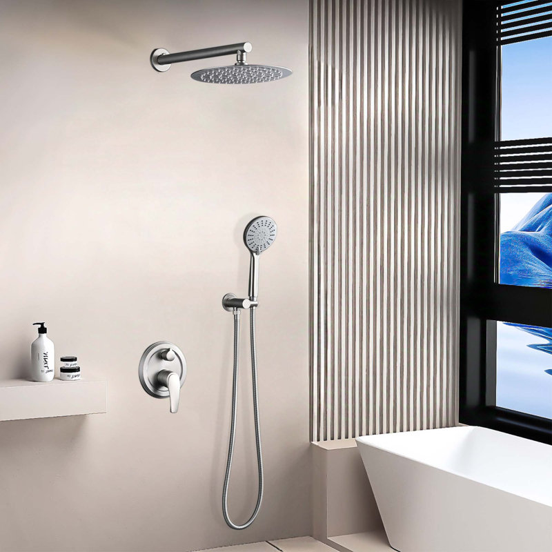 Douche murale 10 po avec pomme de douche à pluie haute pression et pomme de douche à main à 5 fonctions, Nickel brossé