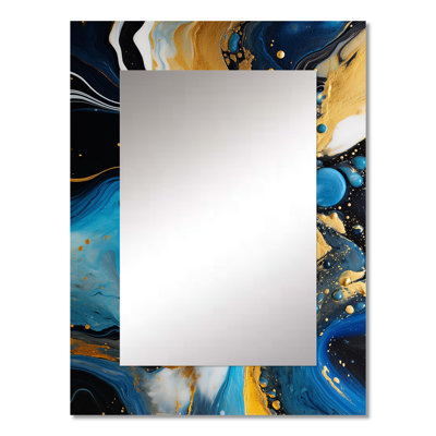 Hazella Gold and blue Abstract liquid ink serenade of swirls I - Liquid Ink Wall Mirror, Modern Decorative Mirror, Printed Metal Art