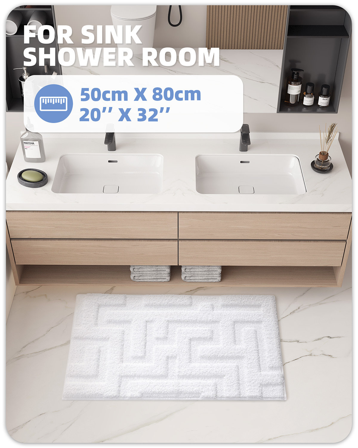 Non-Slip Bath Rug, 20" L x 32" W, White