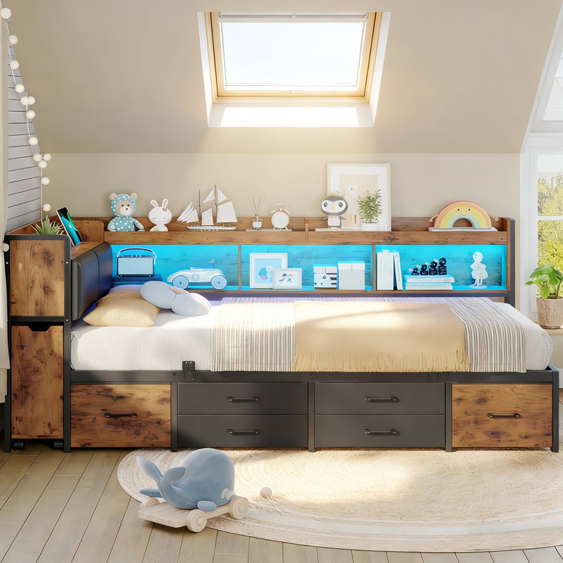 Lit de jour convertible simple rembourré avec rangement et bibliothèque avec armoire coulissante et tête de lit en L avec tiroirs et lit plateforme en métal