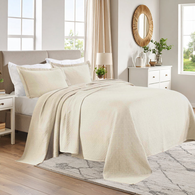 The Blue Nile Mills Basketweave Cotton Matelasse Bedspread And Pillow Sham Set, King Bedspread + 2 Standard Shams, Ivory