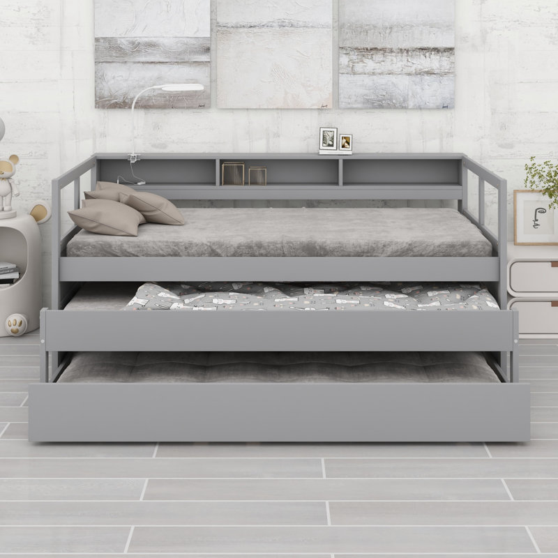 Lit de jour moderne en bois conçu avec un lit gigogne double, 3 casiers, 1 lumière et un design de charge USB, Gris
