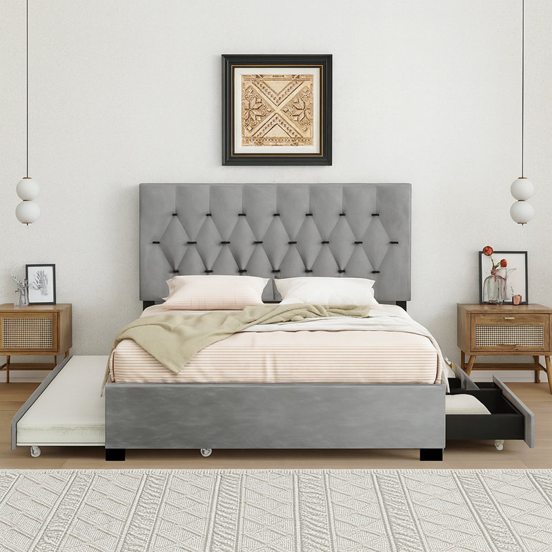Lit tapissier gris avec rangement gigogne pour grand lit, conception moderne, sans sommier tapissier