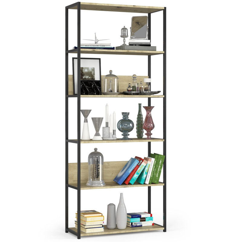 Amadita 192cm H Metal Bookcase, 192cm H x 80cm W x 32cm D, Black/Light Tan