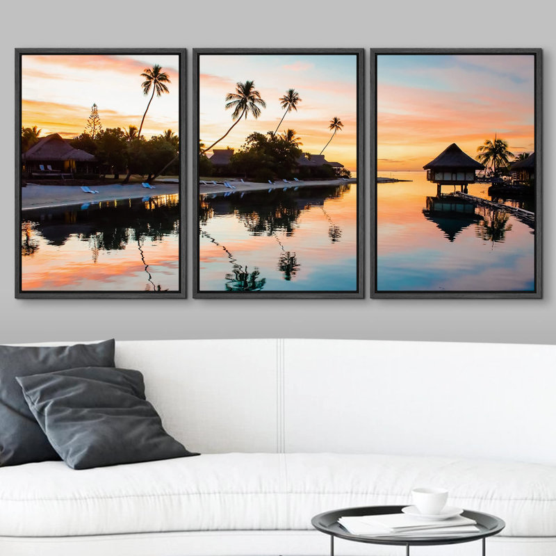 Décoration murale paysage tropical tropical Sunat Moorea, Polynésie française, H 24 po x l 48 po, Cadre flottant noir