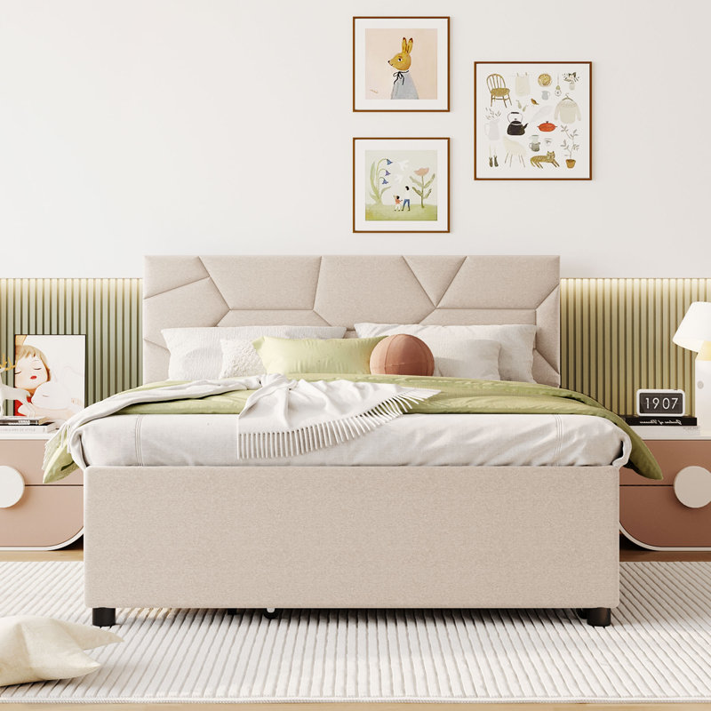 Lit plateforme tapissier avec lit gigogne, Plein, Beige