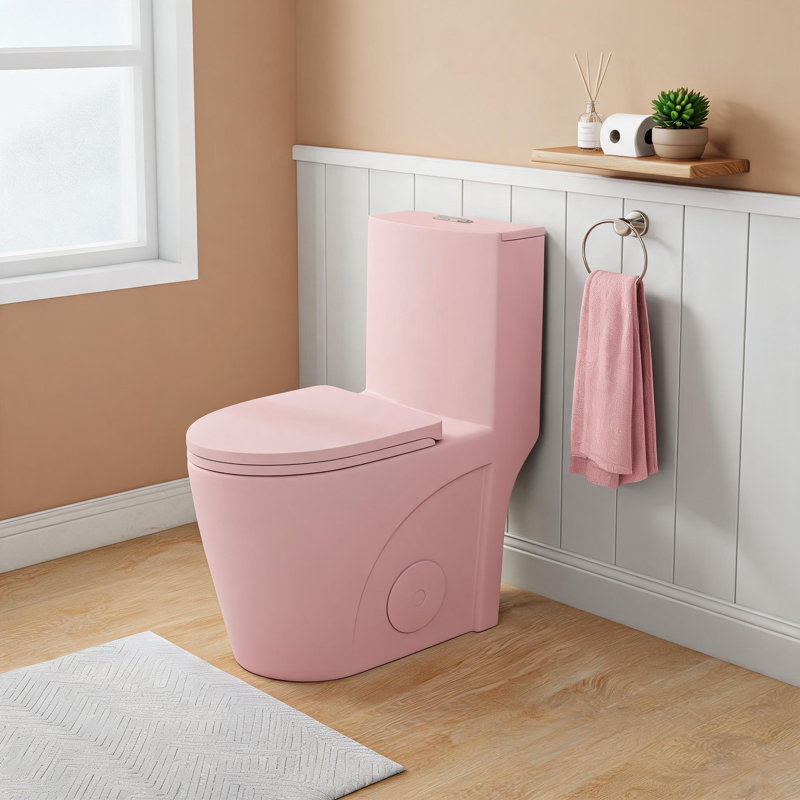 Toilette monobloc en céramique rose à motif floral de 43 cm (17 pouces) avec abattant allongé à fermeture douce et double chasse d'eau