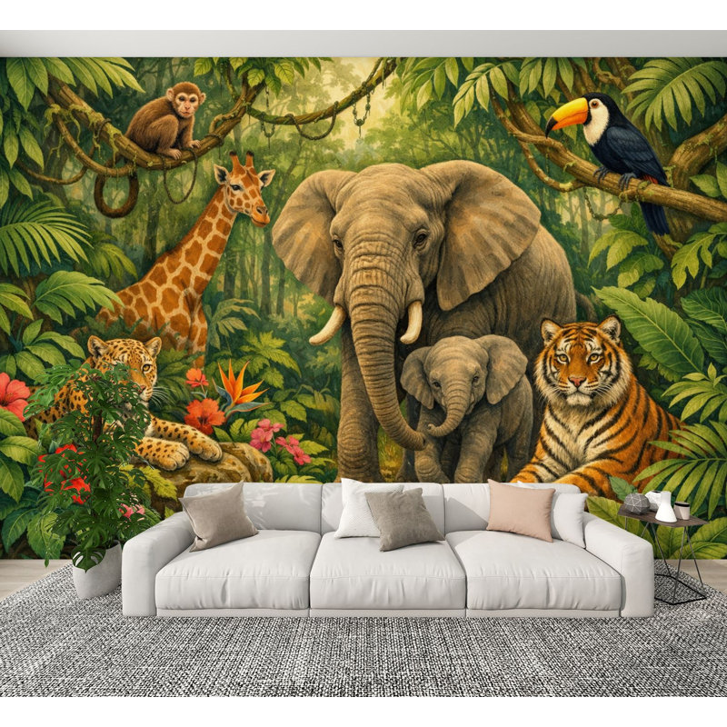 Papier peint auto-adhésif Jungle Wildlife Elephant Giraffe Tiger Leopard Toucan Monkey, L 144 po x l 100 po