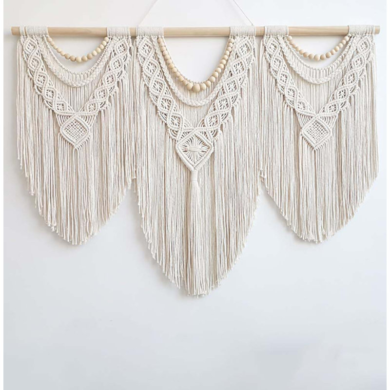 Large Ivory Cotton Macrame Wall Hanging with Wooden Rod