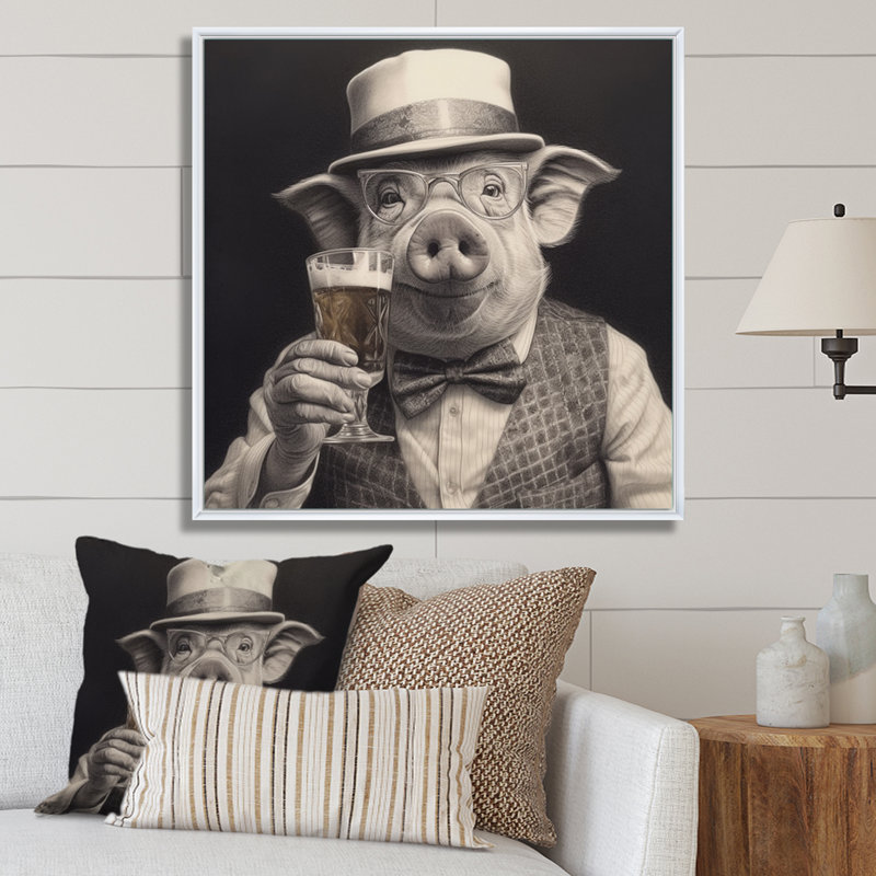 Cochon ayant un verre - Art mural, H 30 po x l 30 po x P 1 po, Cadre flottant blanc