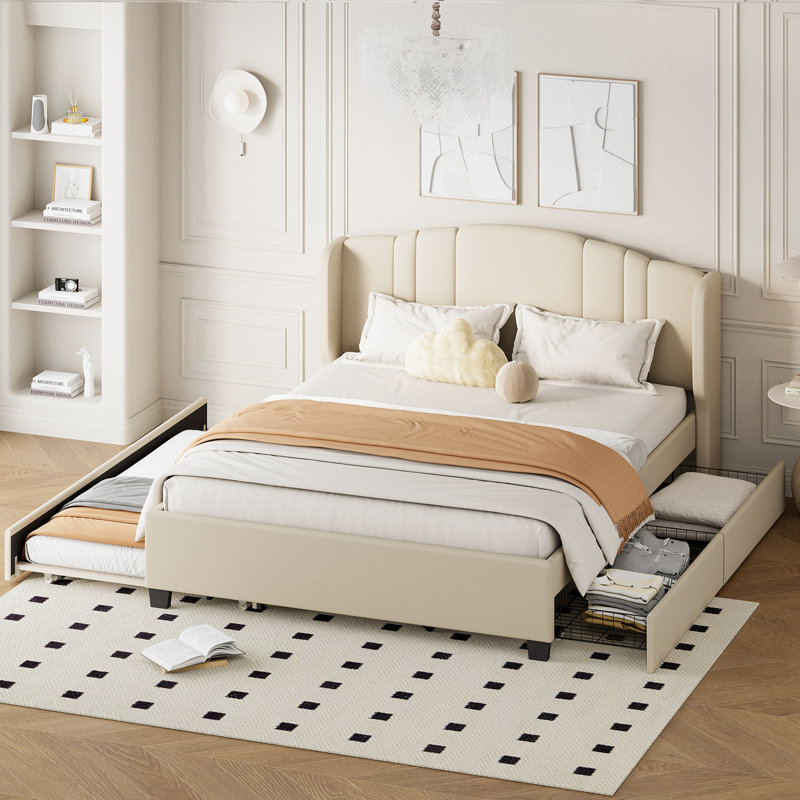 Grand lit plateforme tapissier avec lit gigogne simple et 2 tiroirs, Beige