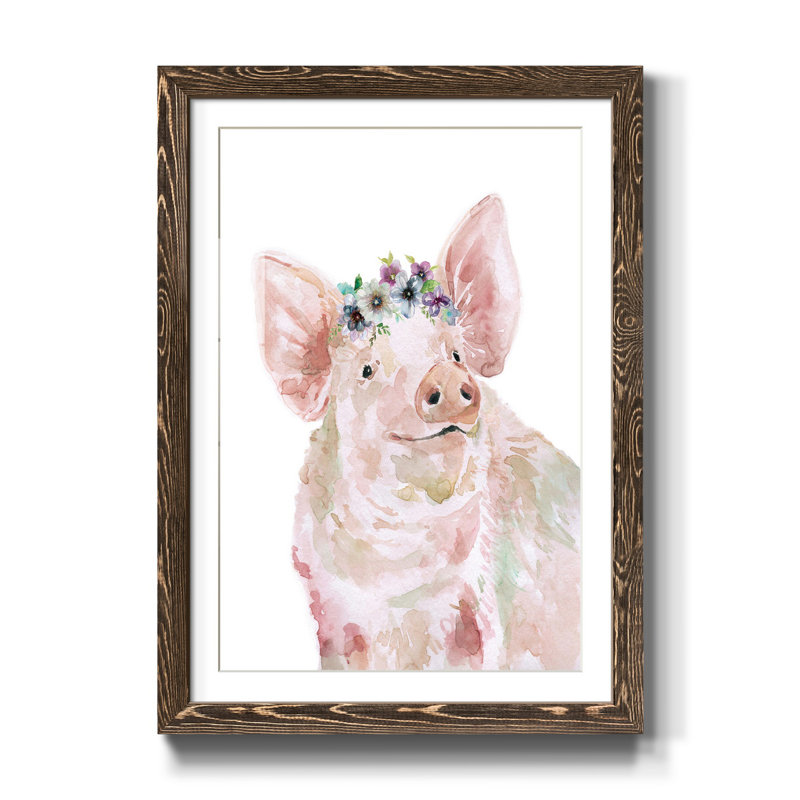 Cochon couronne de fleurs - Reproduction d'art sur papier encadré, Noyer, H 37,5 po x l 27,5 po x P 1,5 po