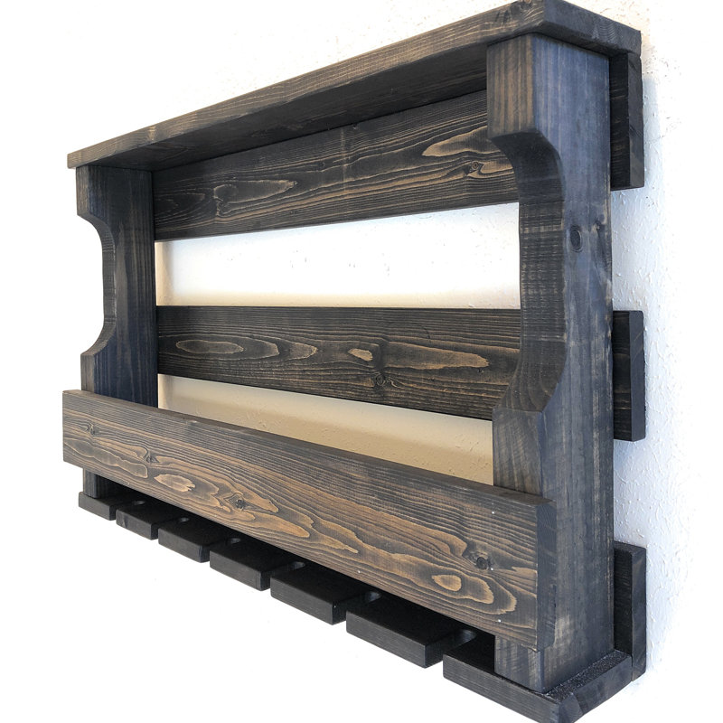Bradfield 8 Bottle Solid Wood Wall Mounted Wine Bottle & Glass Rack, Ebony