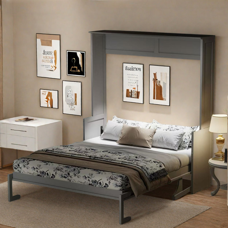 Lit escamotable avec bureau, lumières à DEL et station de charge USB, gris