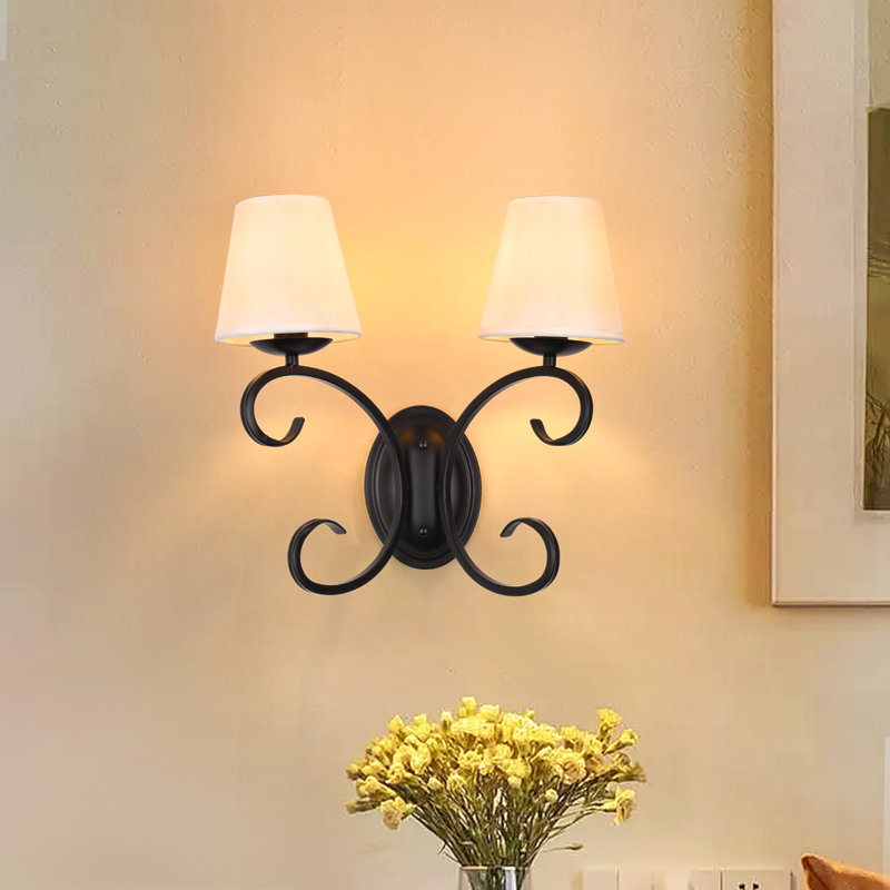 2-Light Black Wall Sconce with White Fabric Shades
