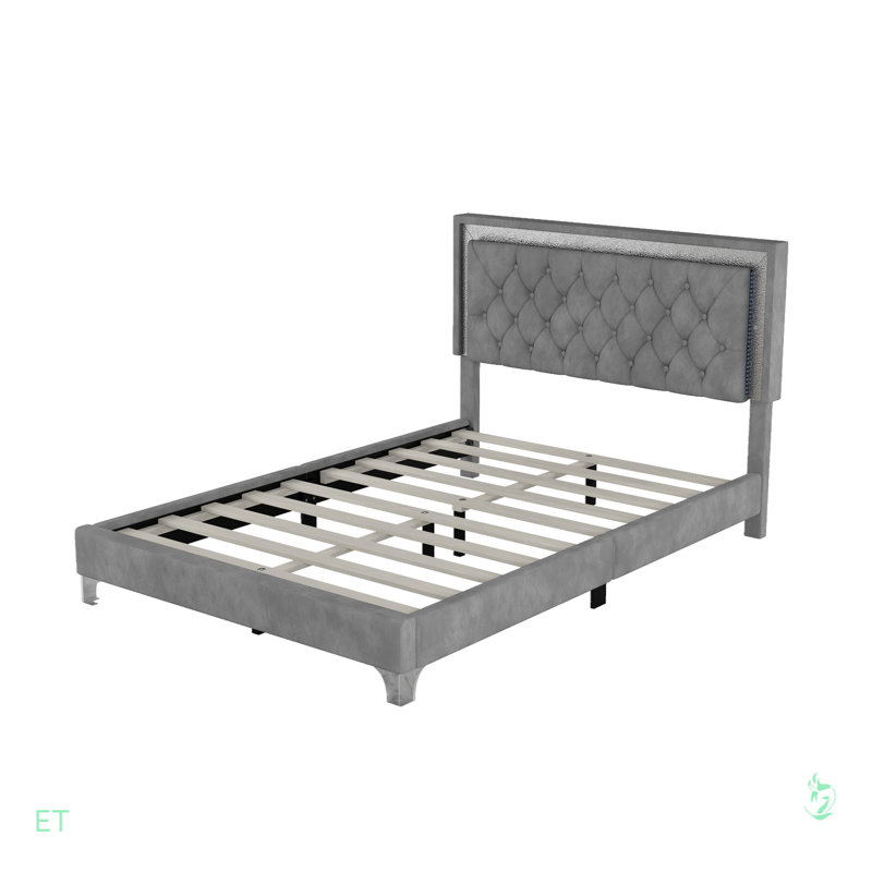 Structure de lit tapissier avec lumières DEL, lit plateforme en velours moderne avec tête de lit capitonnée, Double