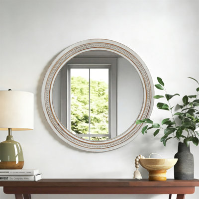 Vintage Round Wall Mirror, 23.62" Decorative Distressed White Frame Mirror With Ornate Beaded Trim For Bathroom/Living Room/Entryway