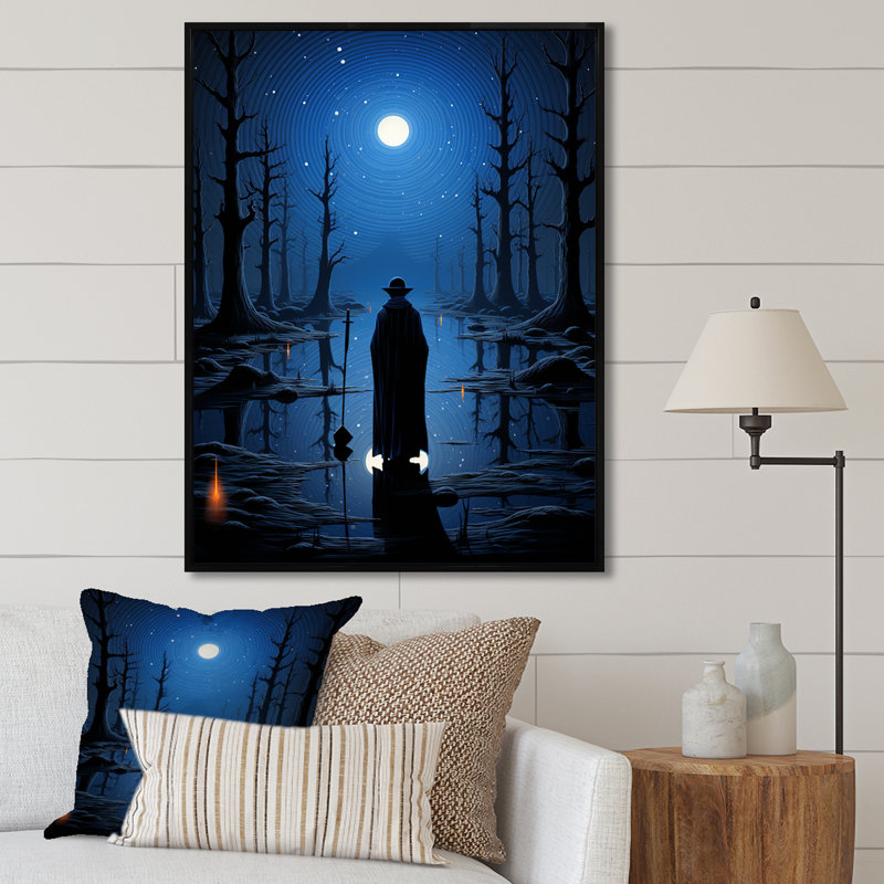 Mélodie touareg bleue au clair de lune, H 44 po x l 34 po x P 1,5 po, Cadre flottant noir