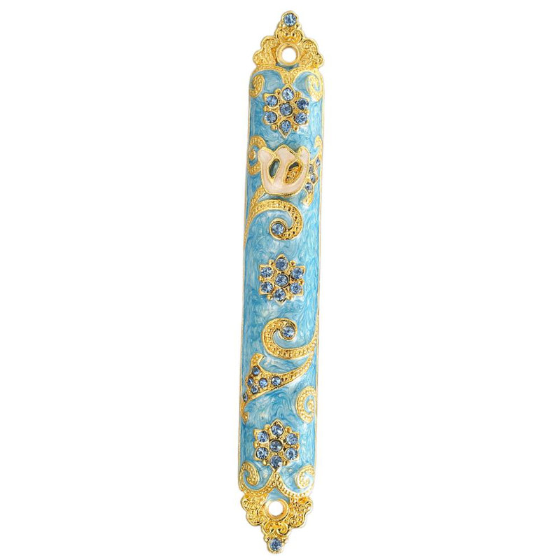 Hand Painted Blue Mezuzah with 24K Gold and Crystals
