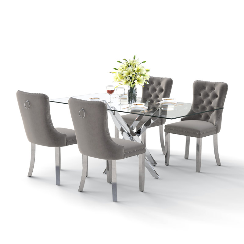 Ensemble de table de salle à manger rectangulaire en verre avec chaise capitonnée pour salle à manger, Gris/argent