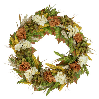 White And Orange Hydrangea Artificial Fall Harvest Twig Wreath  28-Inch  Unlit
