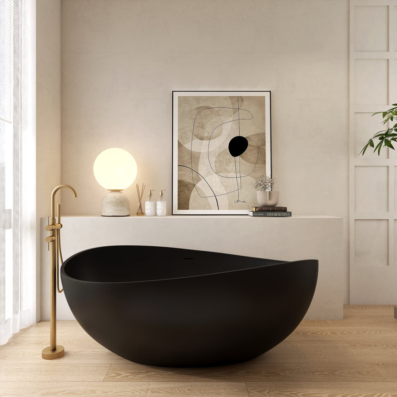63''Wavy Solid Surface Bathtub, Freestanding Soaking Bathtub, Matte Black