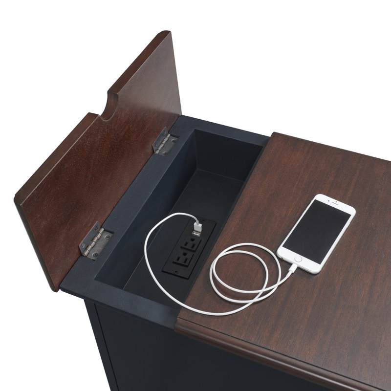 Ahmara End Table with Storage and Built-In Outlets, Coffee Walnut Top / Catalina Blue Base