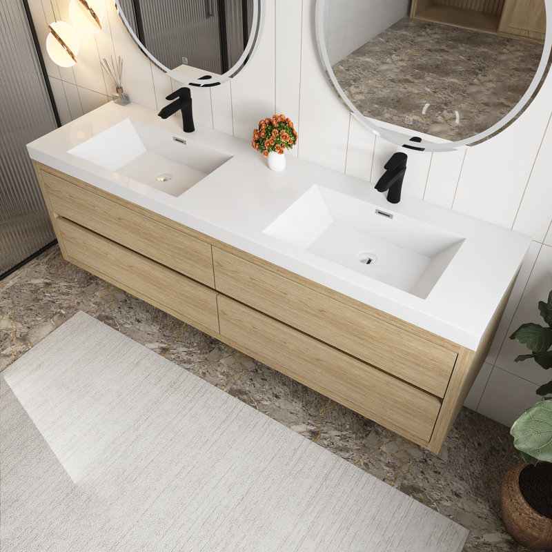 72" Wall-Mounted Bathroom Vanity With Sink, Oak Natural Wood