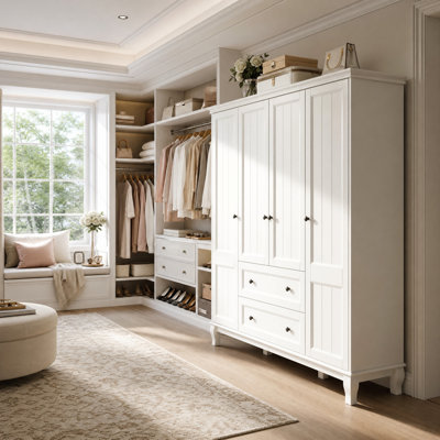 Armoire-penderie 4 portes de 63 po de largeur avec 2 tringles, 7 tablettes et 2 tiroirs