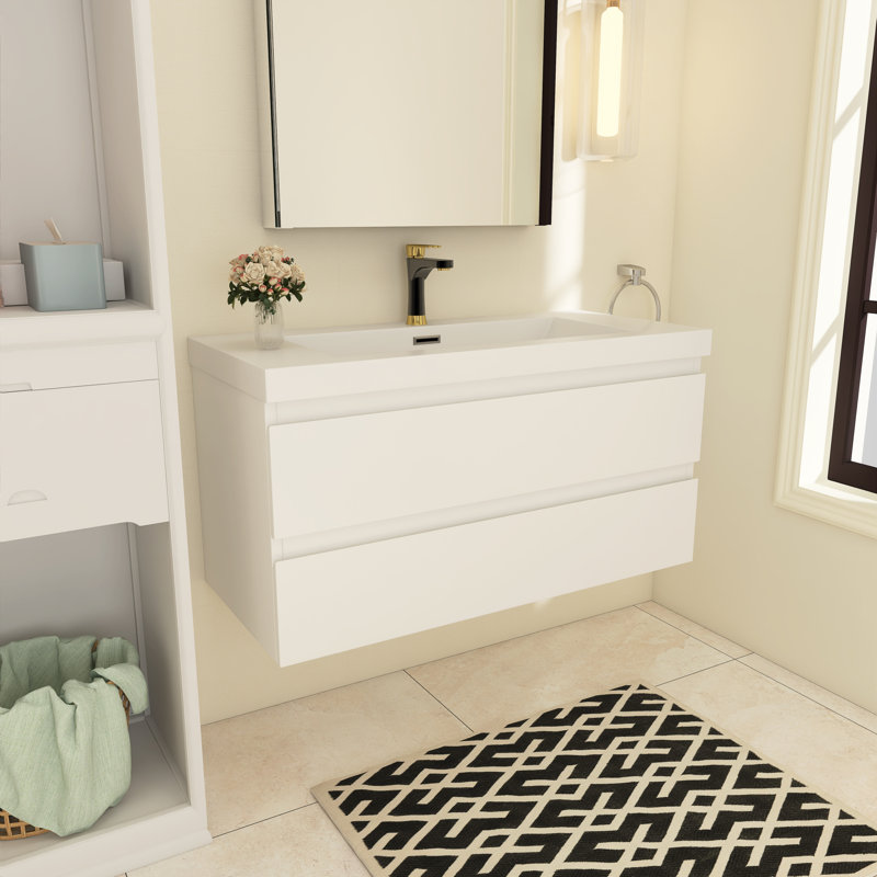 Meuble-lavabo simple 42 po avec plateau en résine Myrhn, Blanc lustré, Blanc