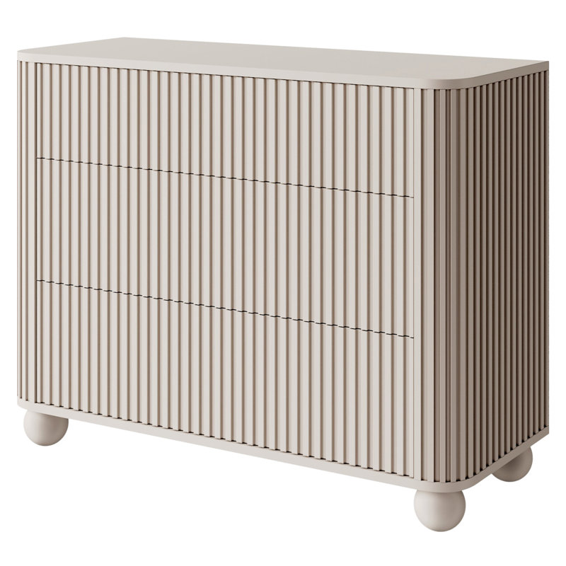 Arvello Sideboard With Grooves And Three Drawers On Ball Legs Sand Beige, 76.3cm H x 93.2cm W x 38cm D 
